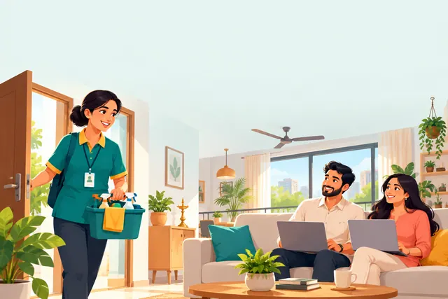 ஓவியம்: யூனிஃபார்மும் போட்டோ ID பேட்ஜும் அணிந்த Trice பார்ட்னர், சுத்தம் செய்யும் பொருட்களுடன் வீட்டுக்குள் வருகிறார்; தம்பதியர் வீட்டிலிருந்தே வேலை செய்கிறார்கள்