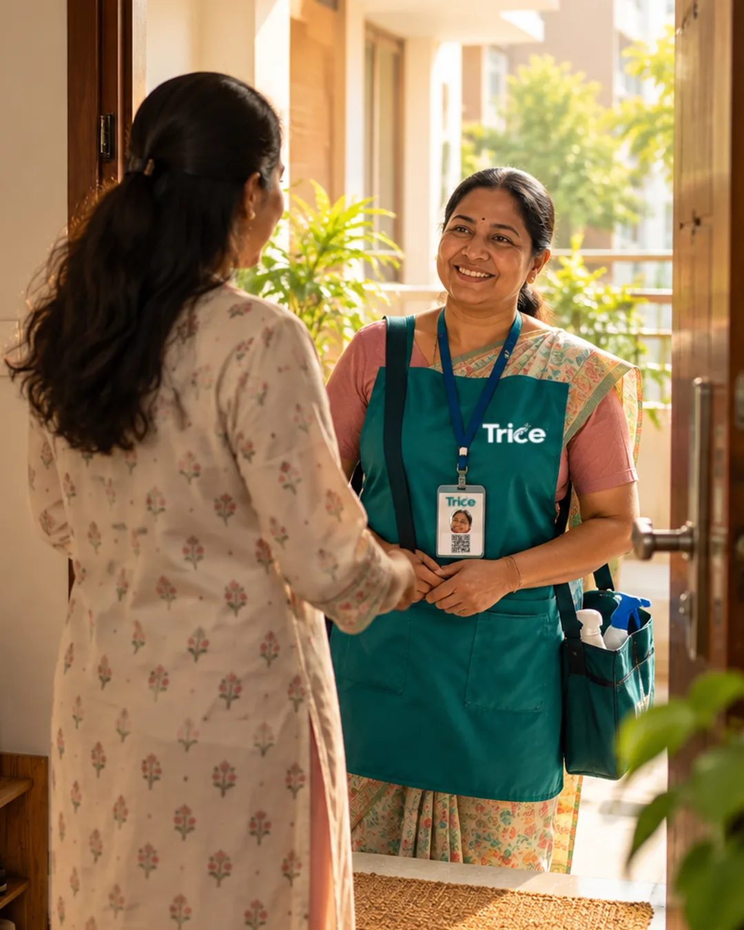 A Trice house helper in uniform with a photo ID badge greeting a homeowner at her apartment door