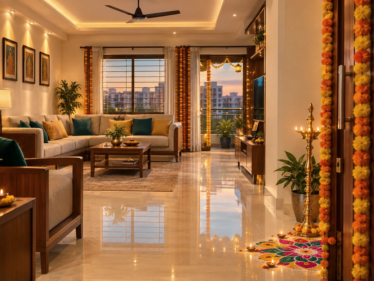 A freshly cleaned living room decorated for Deepavali with a brass lamp and rangoli