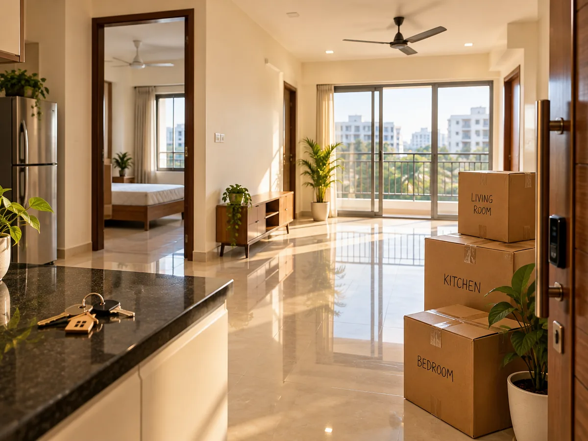 A clean, sunlit apartment on moving day with packed boxes and keys on the counter