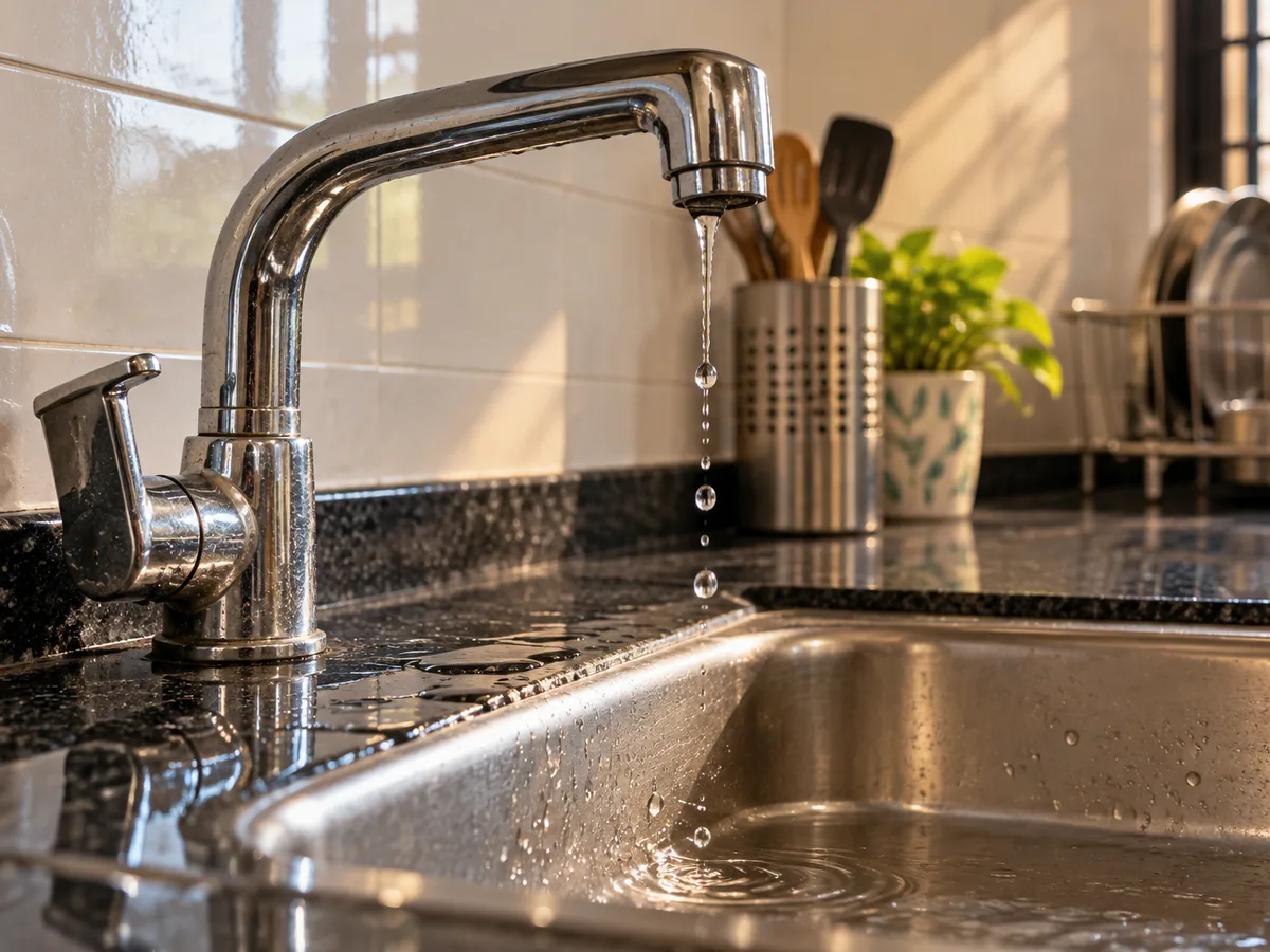 A dripping kitchen tap over a steel sink