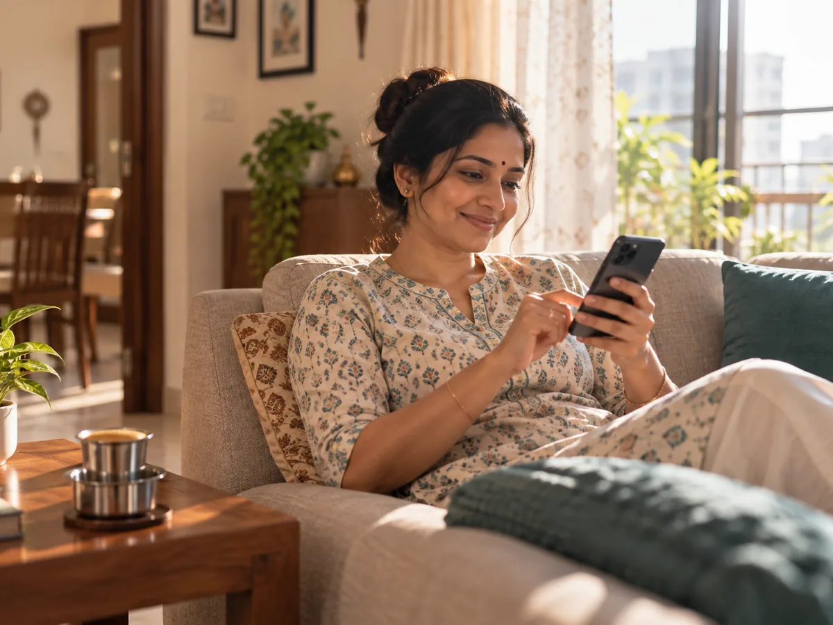 A woman booking home help on her phone with a cup of filter coffee