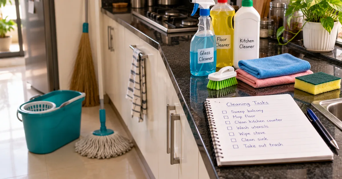 Cleaning supplies and a written task list ready on a kitchen counter