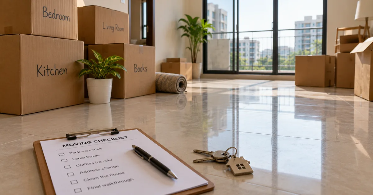A moving checklist and house keys on the floor of an empty flat with packed boxes