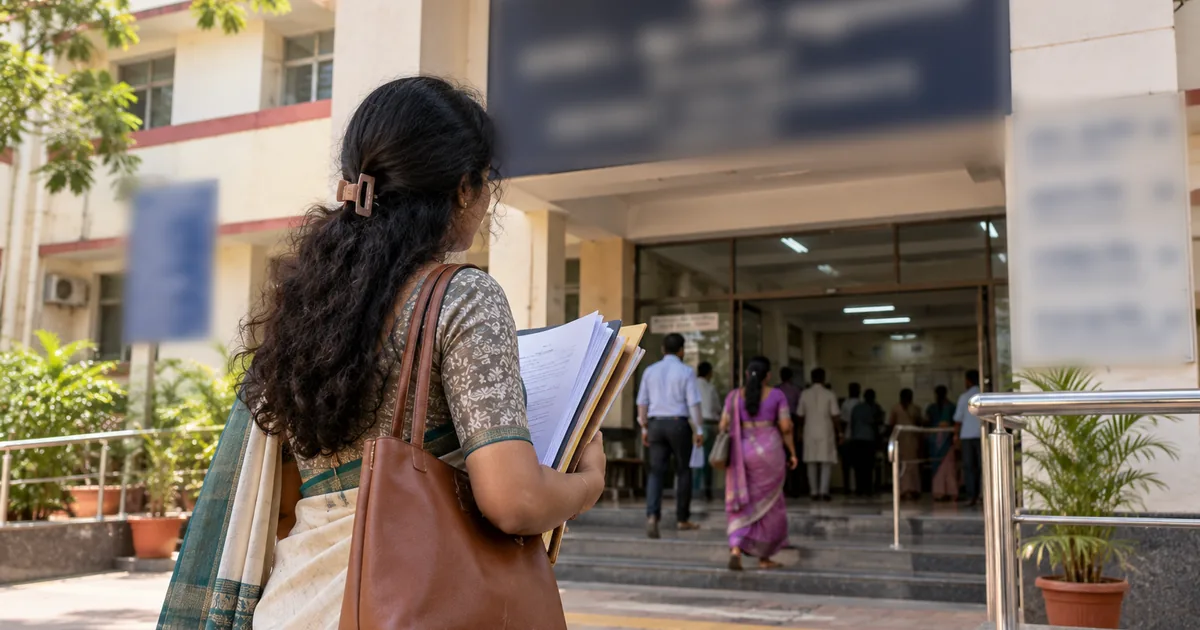 A woman holding her documents outside a government office