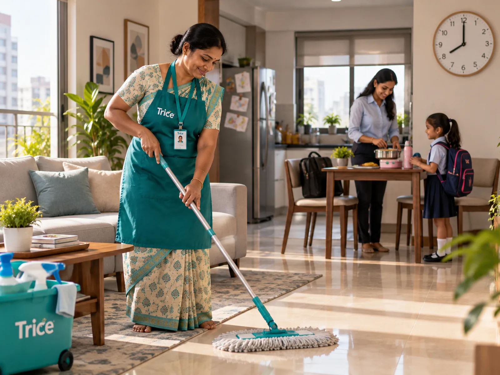 A Trice helper mopping the floor while a mother gets her daughter ready for school